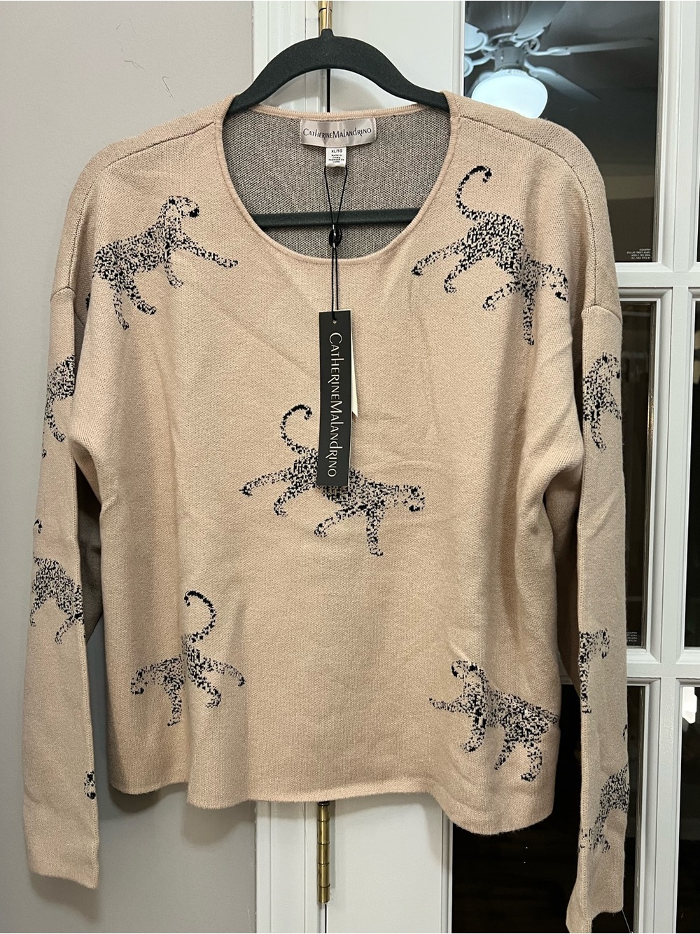 Catherine Malandrino Beige Sweater Top with Black Leopard Motif Sz XL NWT